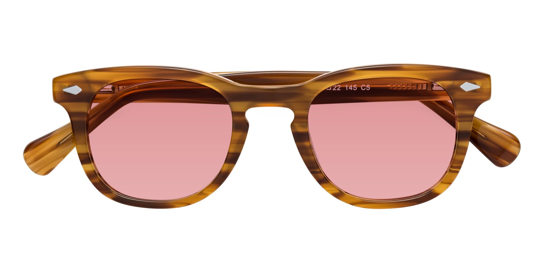 Folded Front of Tanna in Amber Striped with Medium Garnet Tinted Lenses