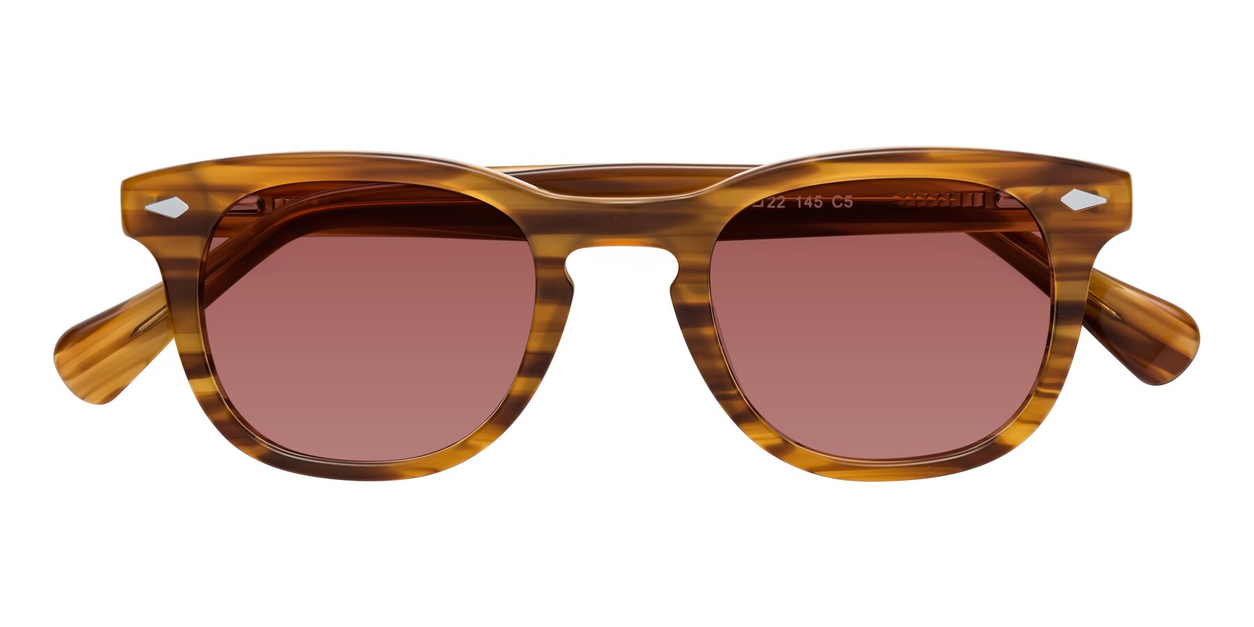 Folded Front of Tanna in Amber Striped with Garnet Tinted Lenses