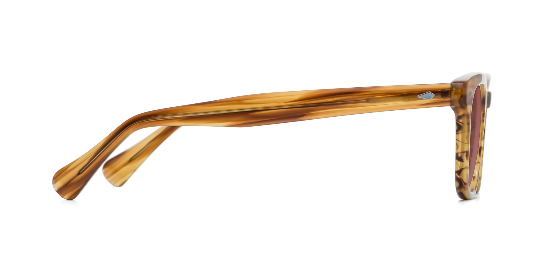 Side of Tanna in Amber Striped with Garnet Tinted Lenses