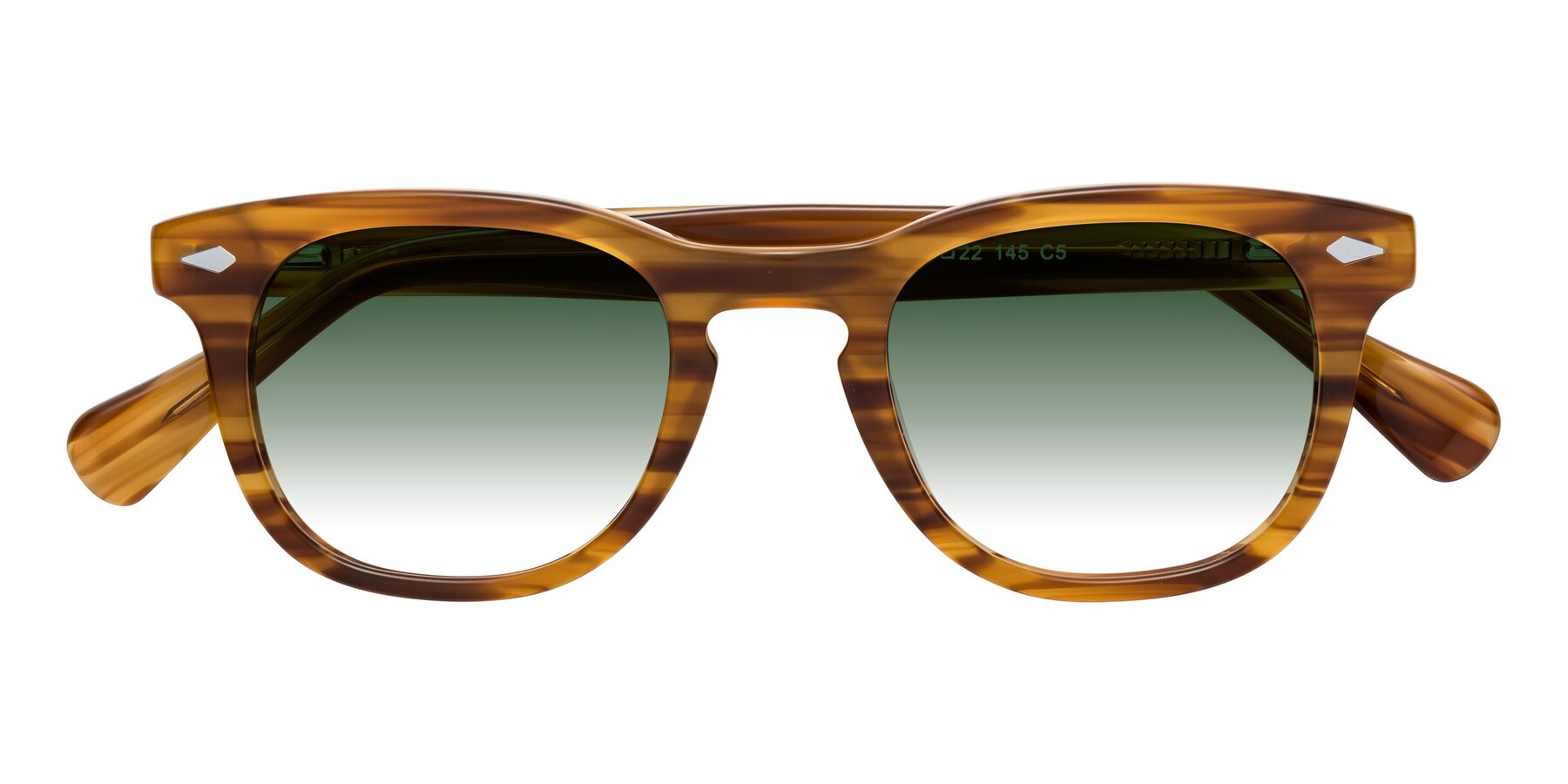 Folded Front of Tanna in Amber Striped with Green Gradient Lenses