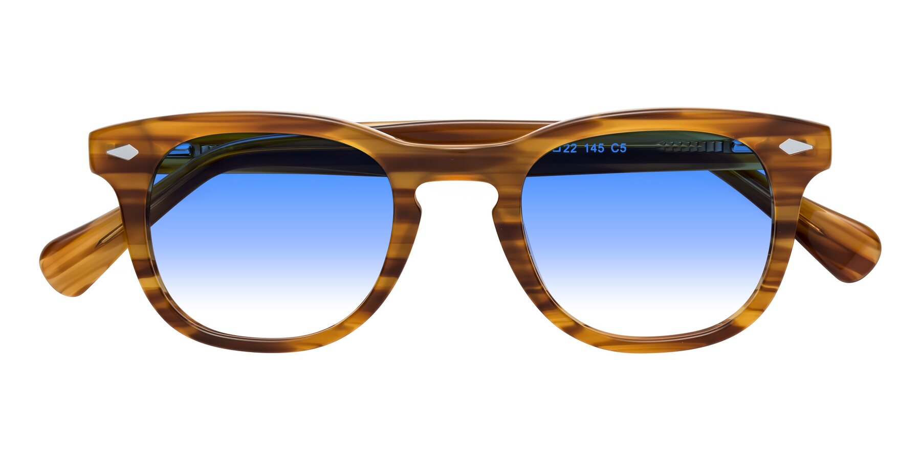 Folded Front of Tanna in Amber Striped with Blue Gradient Lenses