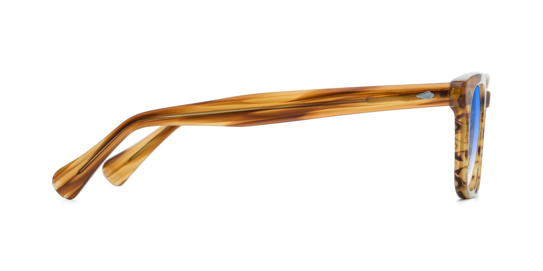Side of Tanna in Amber Striped with Blue Gradient Lenses