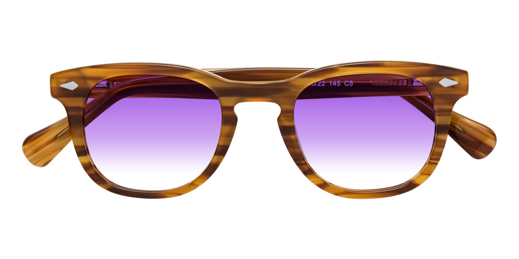 Folded Front of Tanna in Amber Striped with Purple Gradient Lenses