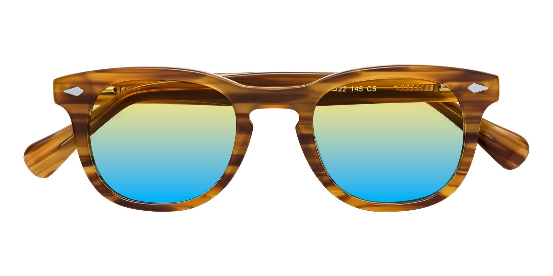 Folded Front of Tanna in Amber Striped with Yellow / Blue Gradient Lenses