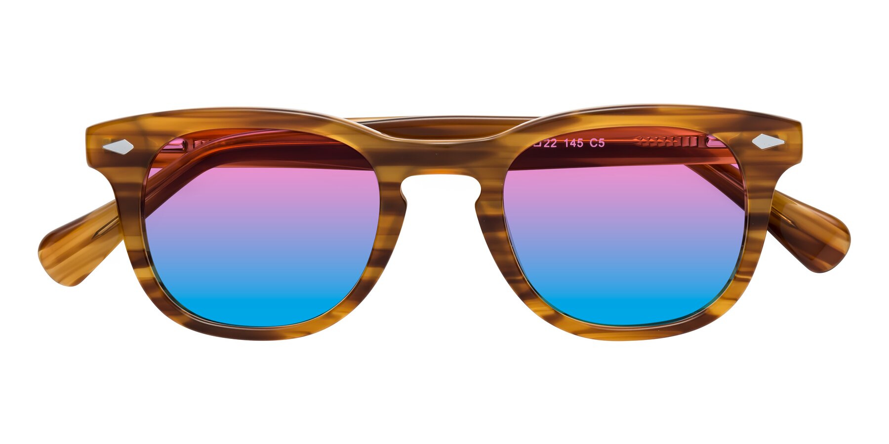 Folded Front of Tanna in Amber Striped with Pink / Blue Gradient Lenses