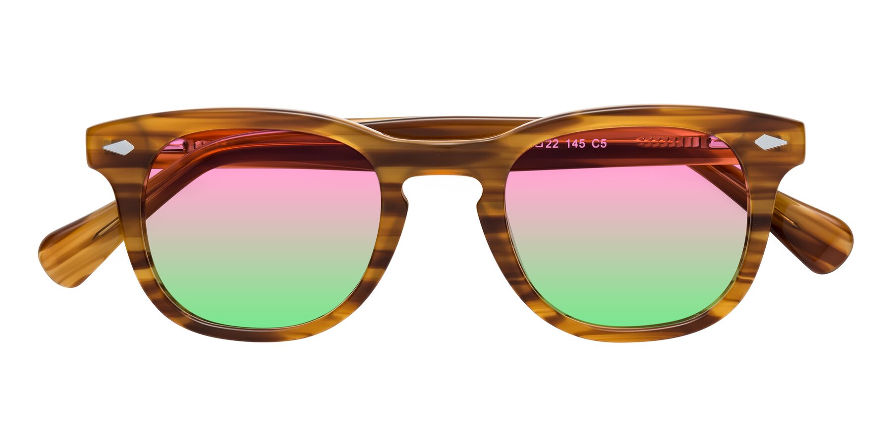 Folded Front of Tanna in Amber Striped with Pink / Green Gradient Lenses