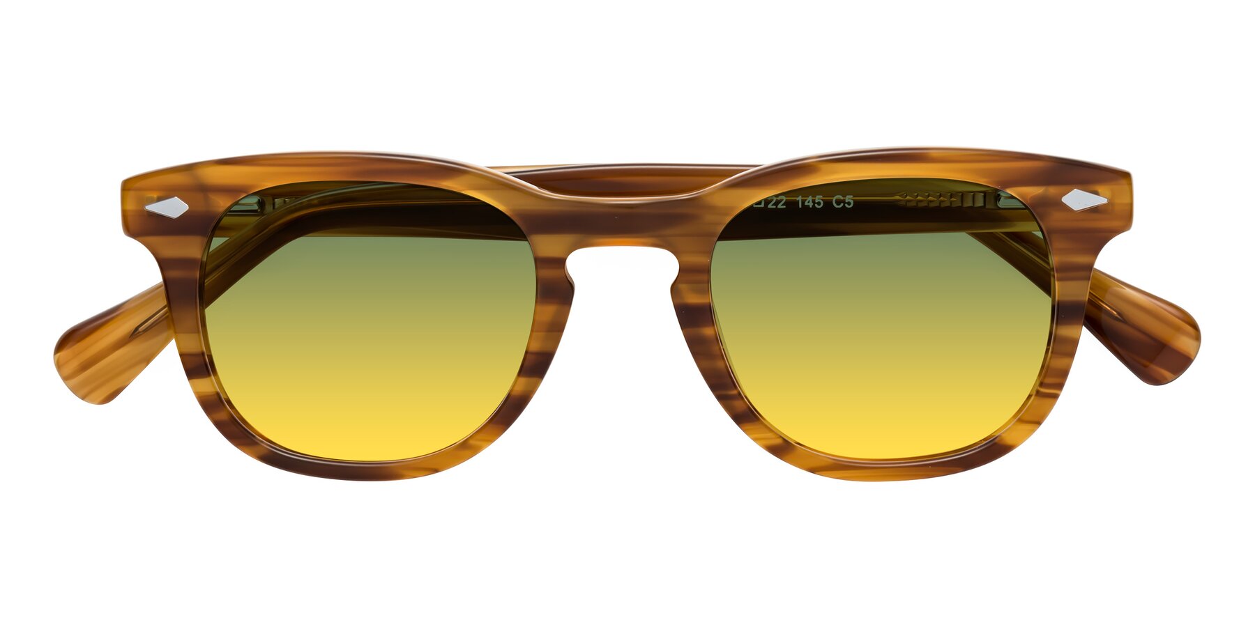 Folded Front of Tanna in Amber Striped with Green / Yellow Gradient Lenses