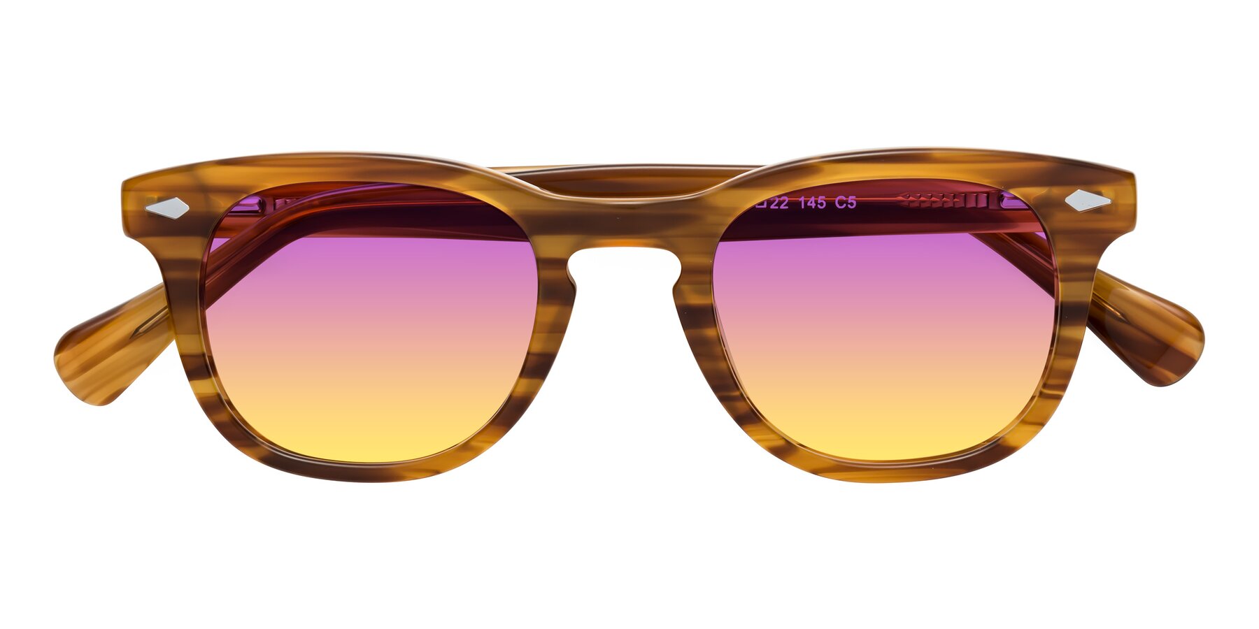 Folded Front of Tanna in Amber Striped with Purple / Yellow Gradient Lenses