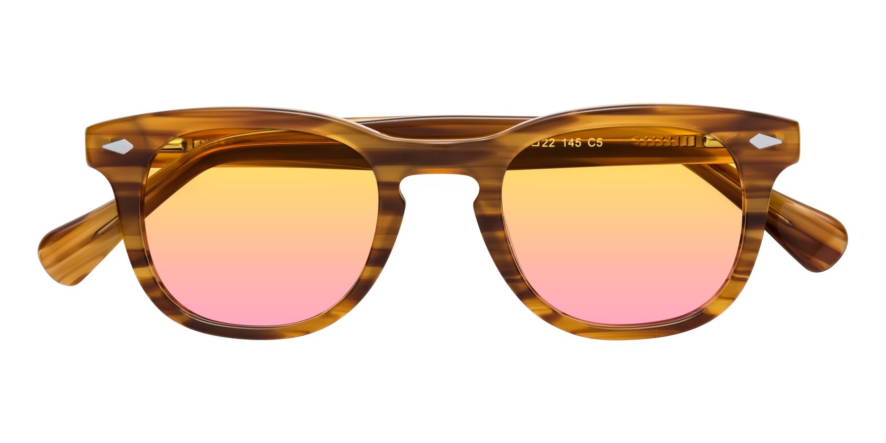 Folded Front of Tanna in Amber Striped with Yellow / Pink Gradient Lenses