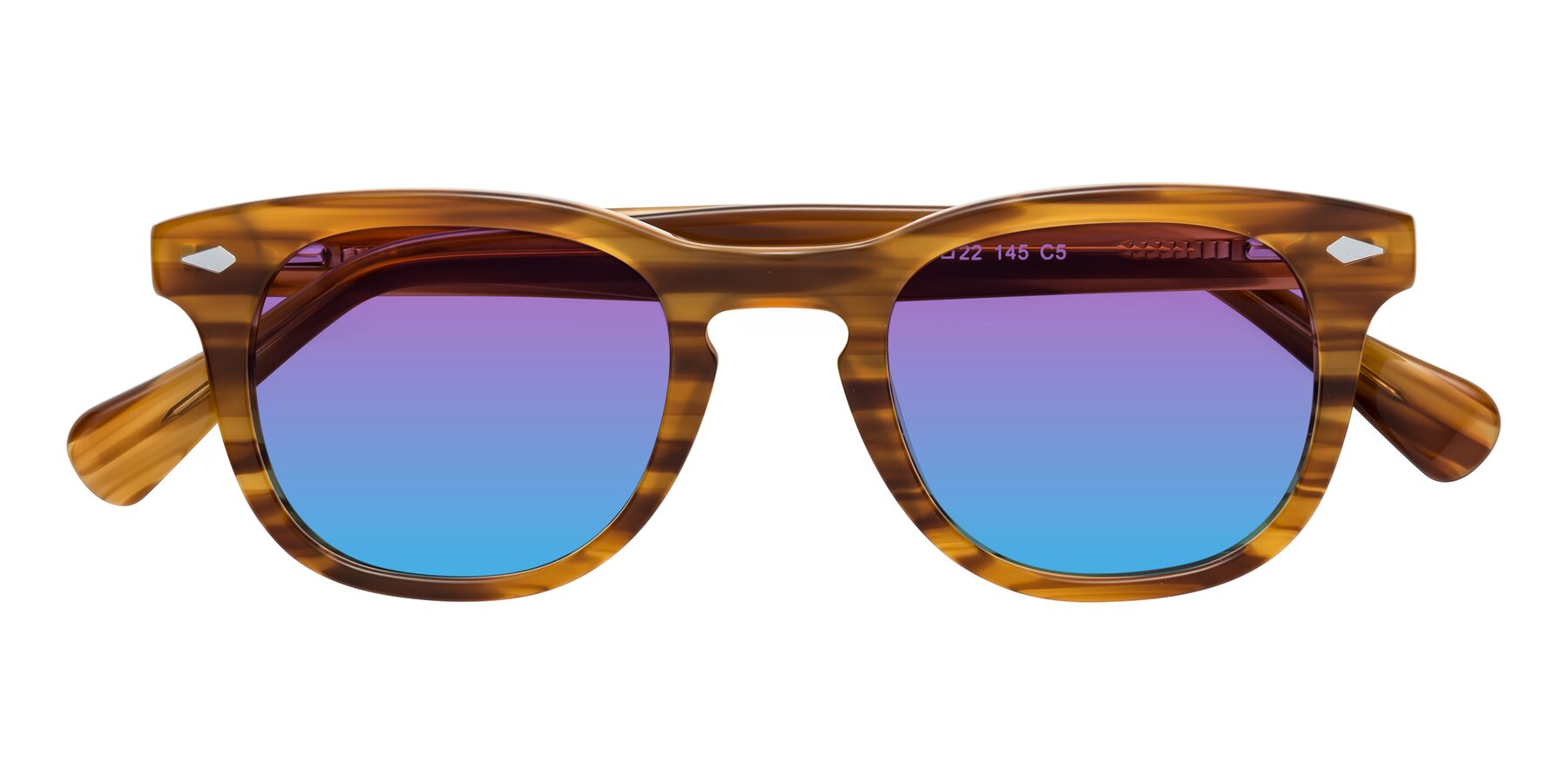 Folded Front of Tanna in Amber Striped with Purple / Blue Gradient Lenses