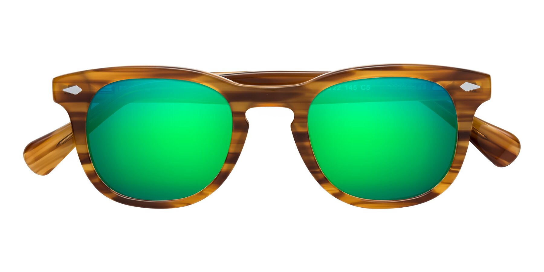 Folded Front of Tanna in Amber Striped with Green Mirrored Lenses