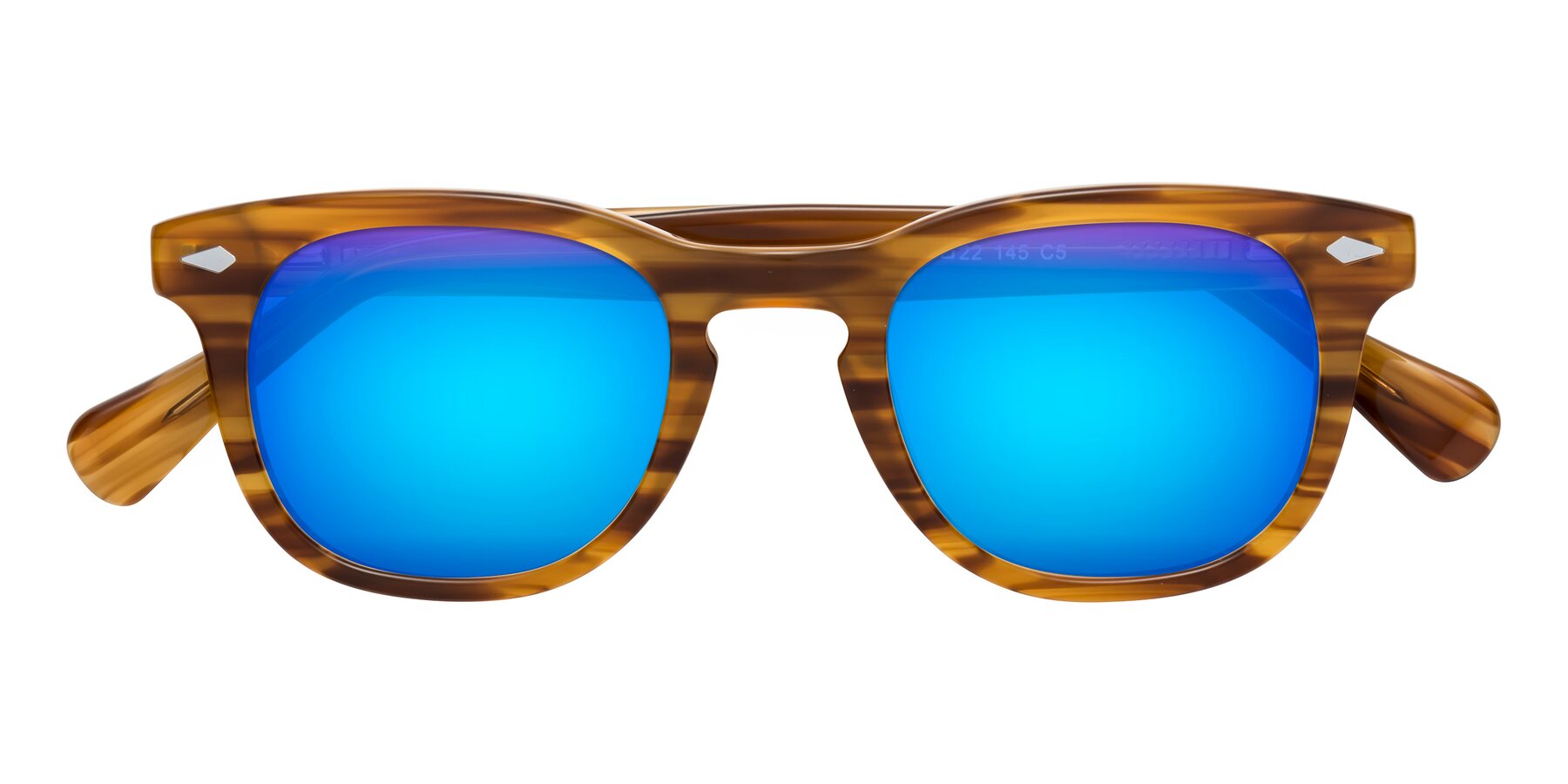 Folded Front of Tanna in Amber Striped with Blue Mirrored Lenses