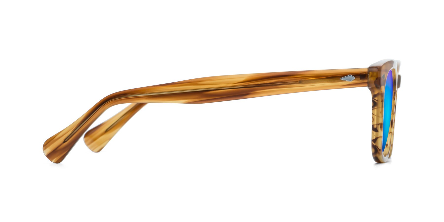 Side of Tanna in Amber Striped with Blue Mirrored Lenses