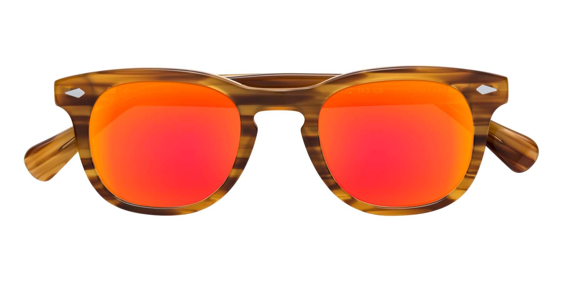 Folded Front of Tanna in Amber Striped with Red Gold Mirrored Lenses