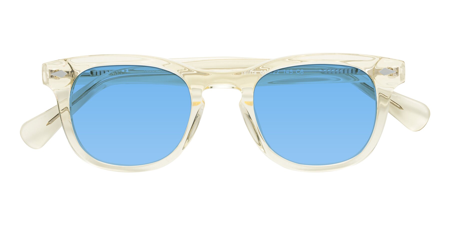 Folded Front of Tanna in Transparent Yellow with Medium Blue Tinted Lenses