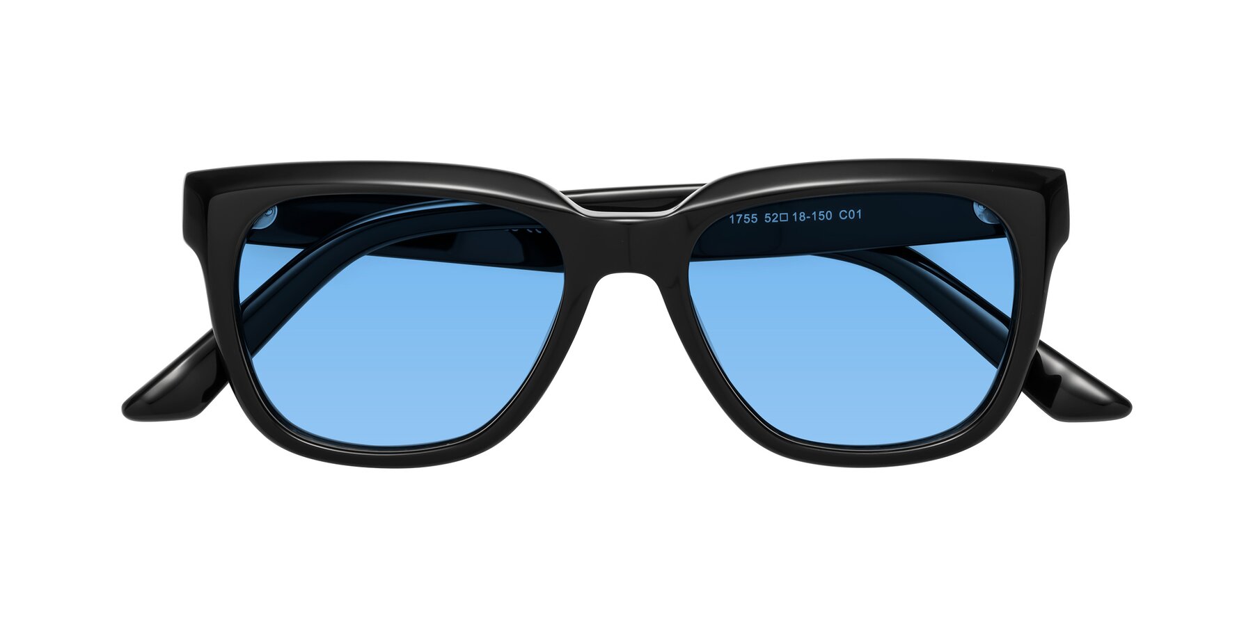 Folded Front of Cade in Black with Medium Blue Tinted Lenses