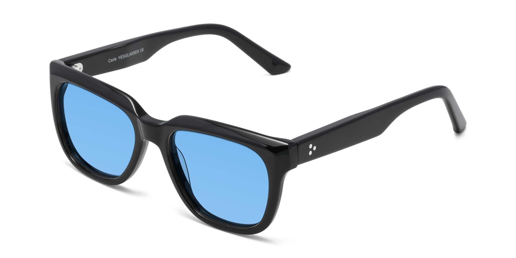 Angle of Cade in Black with Medium Blue Tinted Lenses