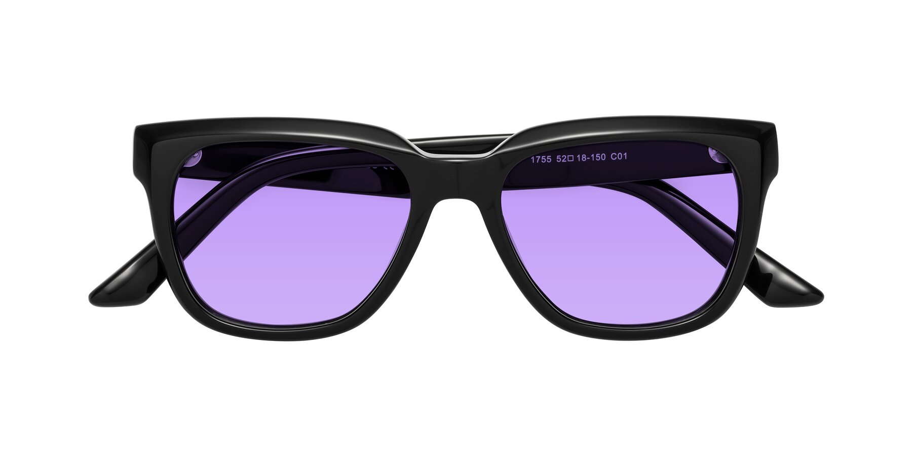 Folded Front of Cade in Black with Medium Purple Tinted Lenses
