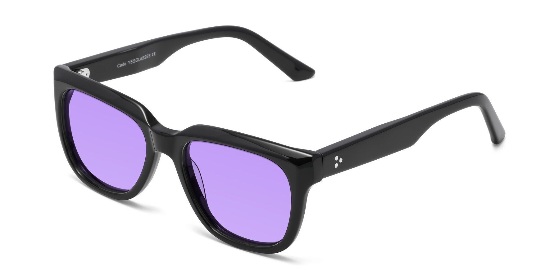 Angle of Cade in Black with Medium Purple Tinted Lenses