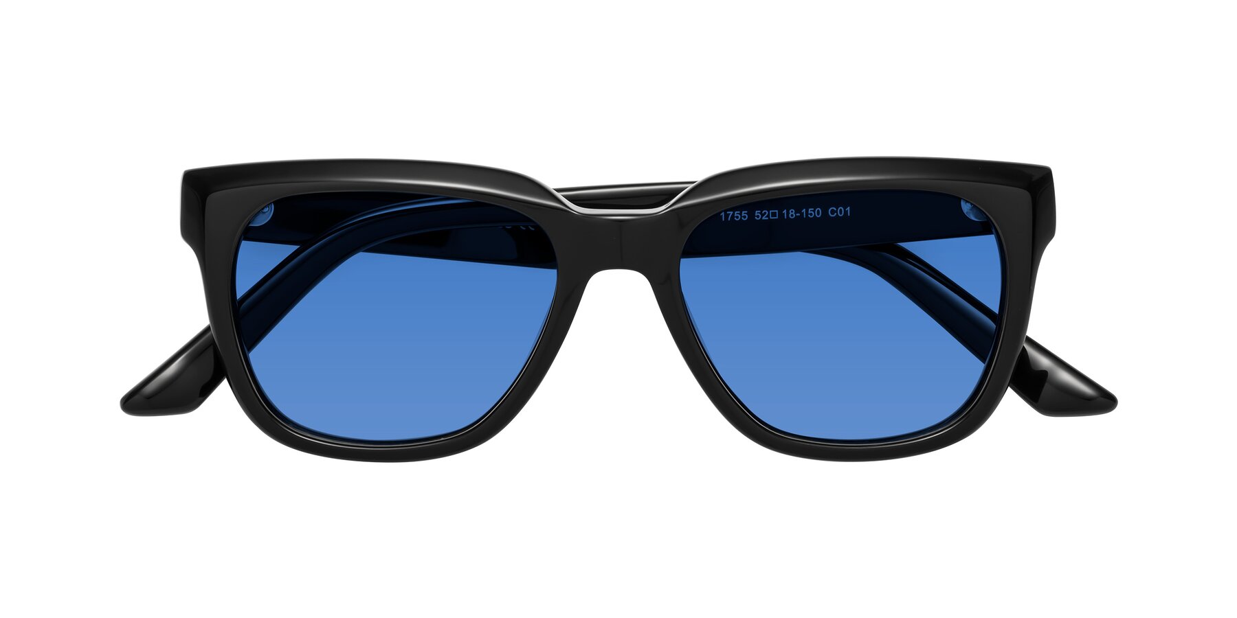 Folded Front of Cade in Black with Blue Tinted Lenses