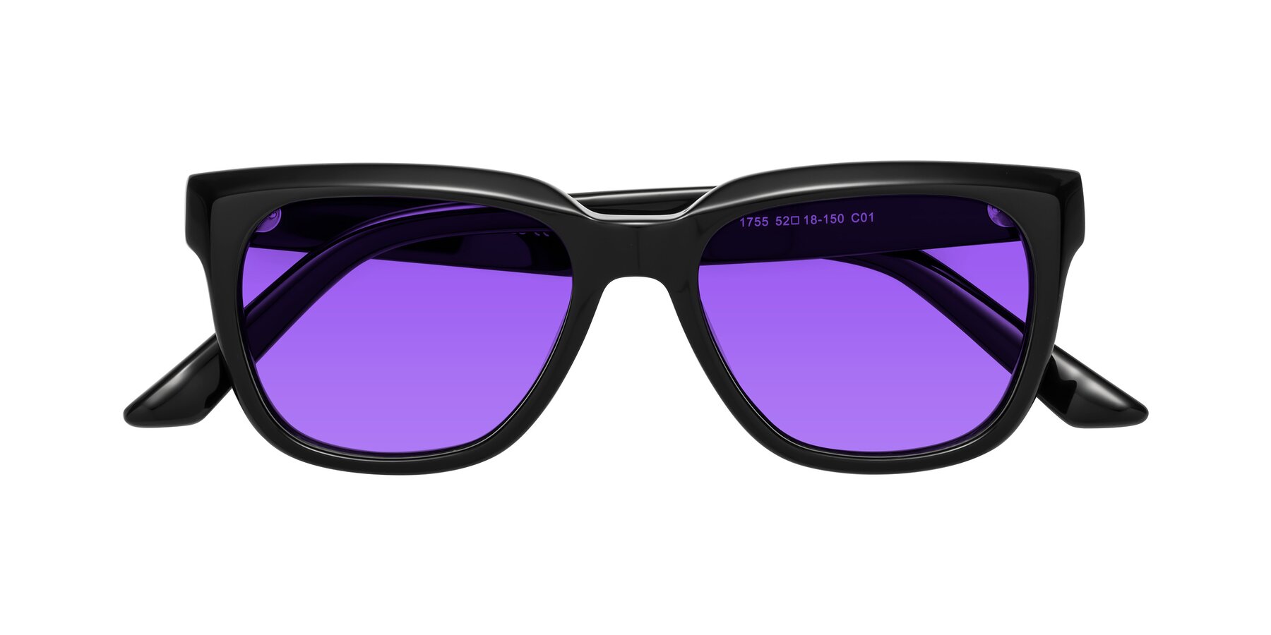 Folded Front of Cade in Black with Purple Tinted Lenses