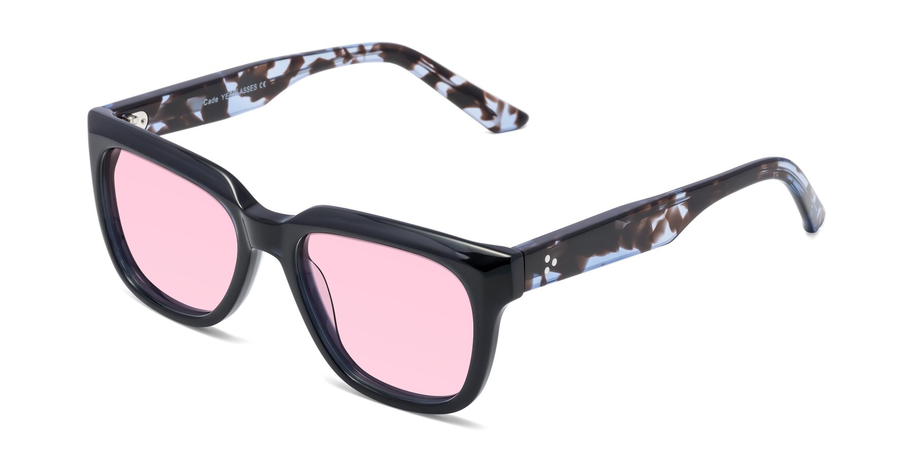 Angle of Cade in Dark Blue-Tortoise with Light Pink Tinted Lenses