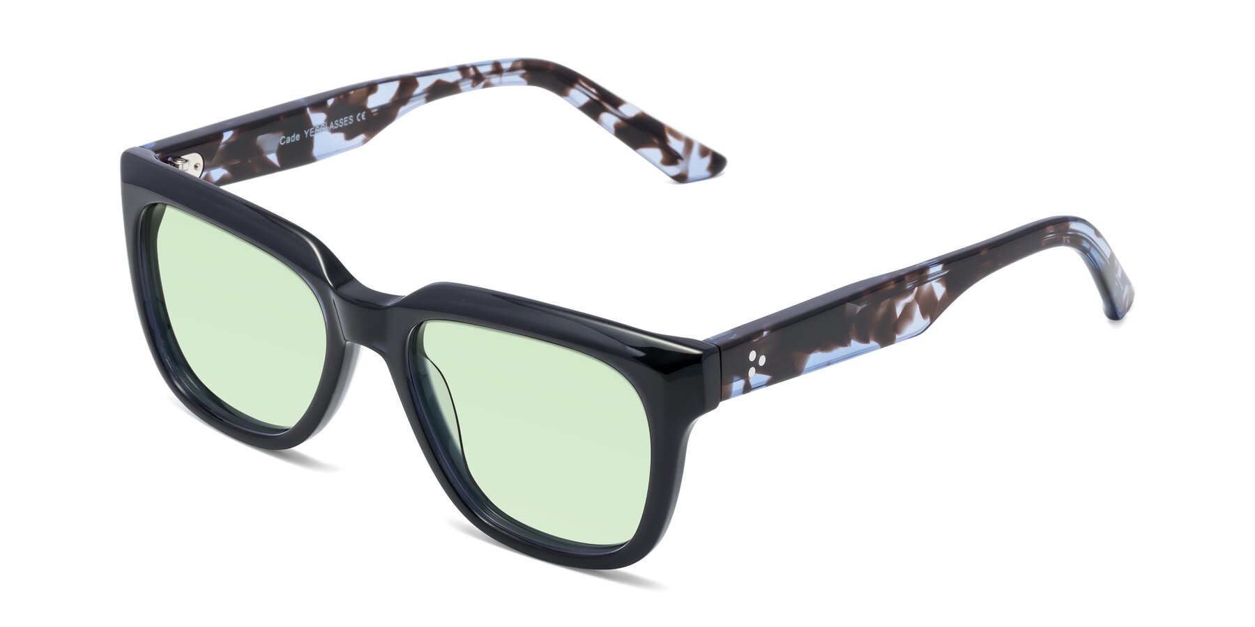 Angle of Cade in Dark Blue-Tortoise with Light Green Tinted Lenses