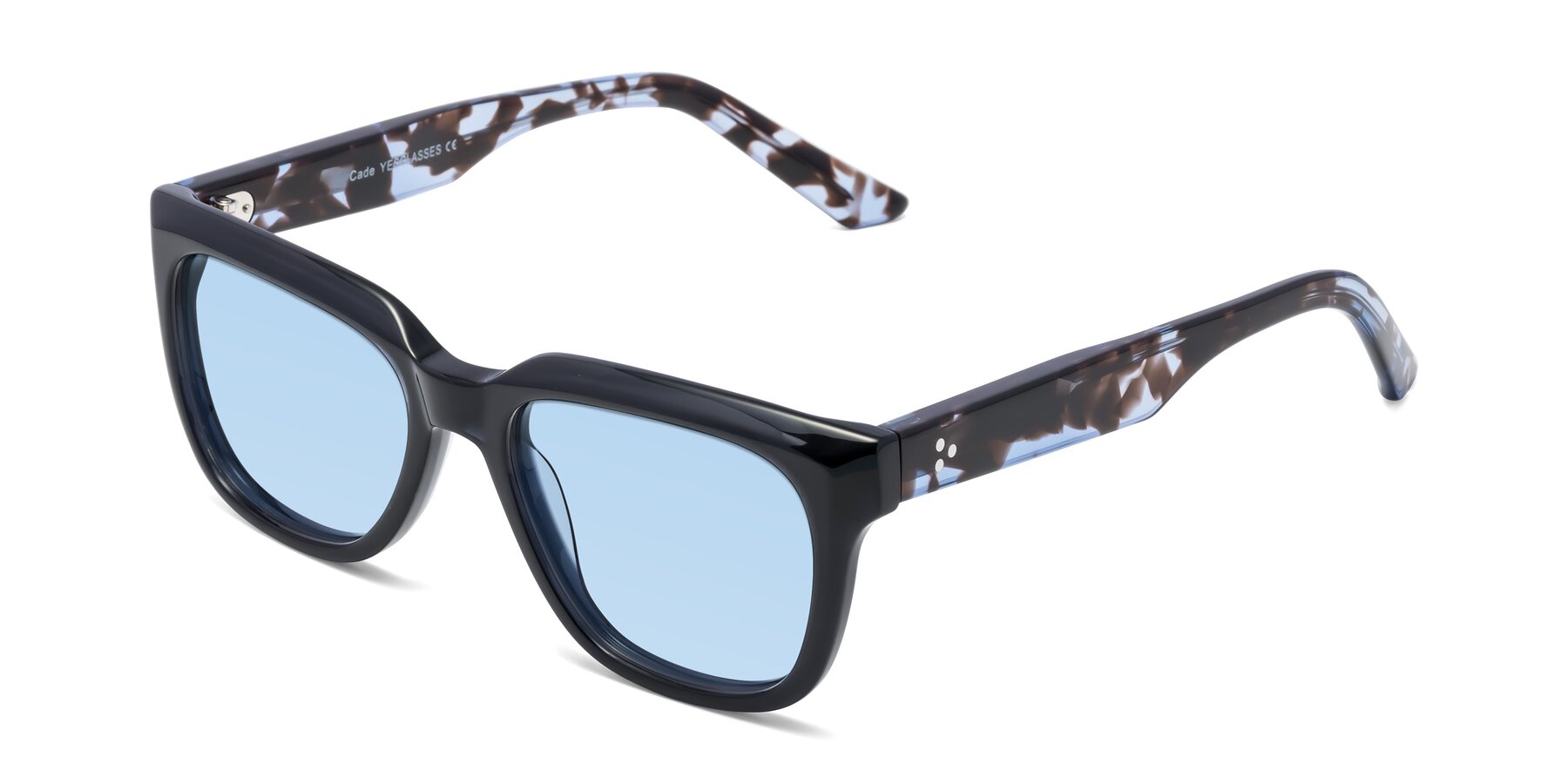 Angle of Cade in Dark Blue-Tortoise with Light Blue Tinted Lenses