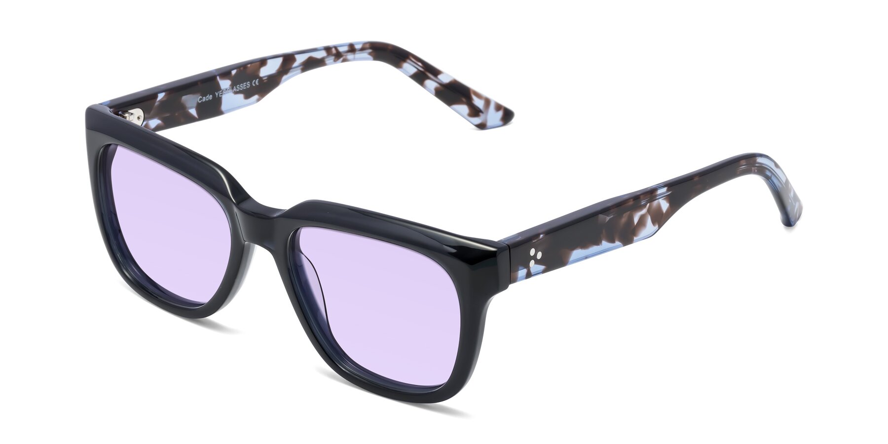 Angle of Cade in Dark Blue-Tortoise with Light Purple Tinted Lenses