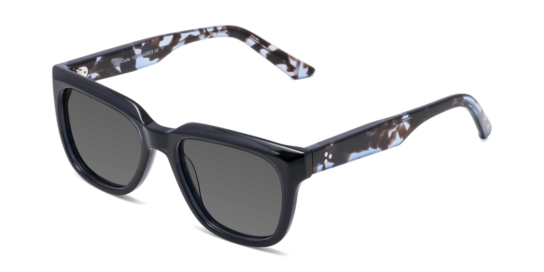 Angle of Cade in Dark Blue-Tortoise with Medium Gray Tinted Lenses