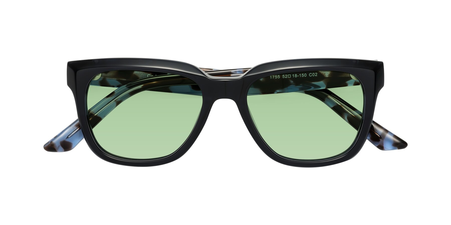 Folded Front of Cade in Dark Blue-Tortoise with Medium Green Tinted Lenses
