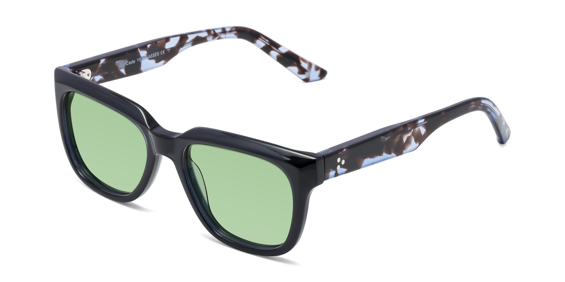Angle of Cade in Dark Blue-Tortoise with Medium Green Tinted Lenses