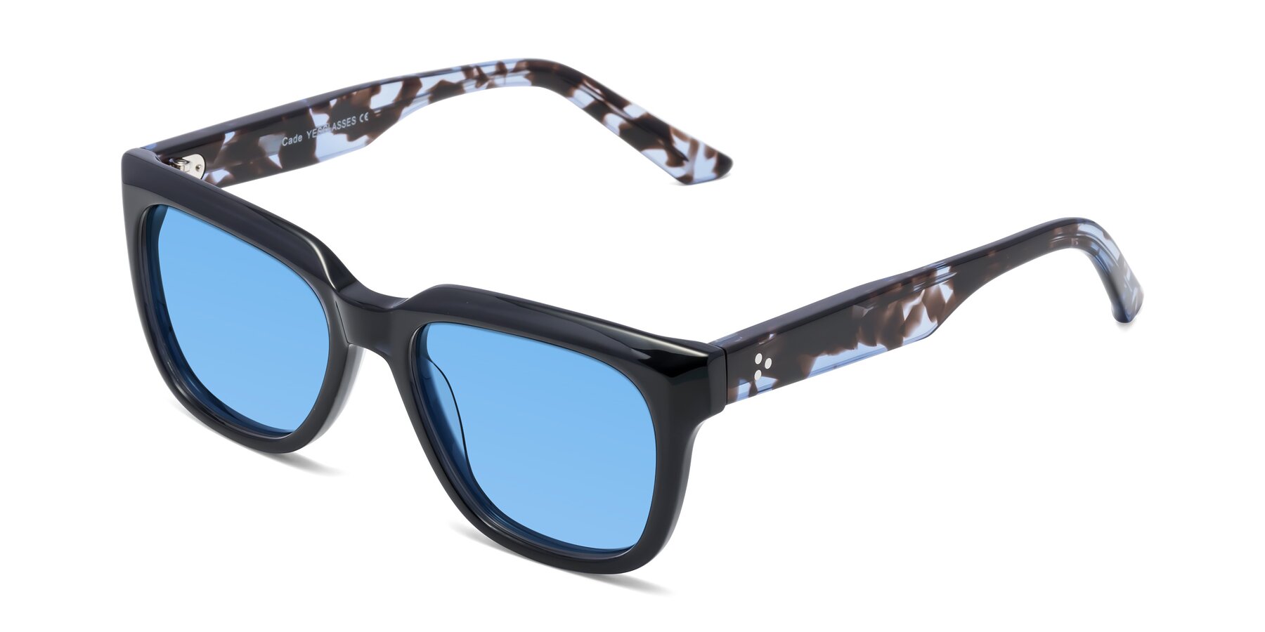 Angle of Cade in Dark Blue-Tortoise with Medium Blue Tinted Lenses