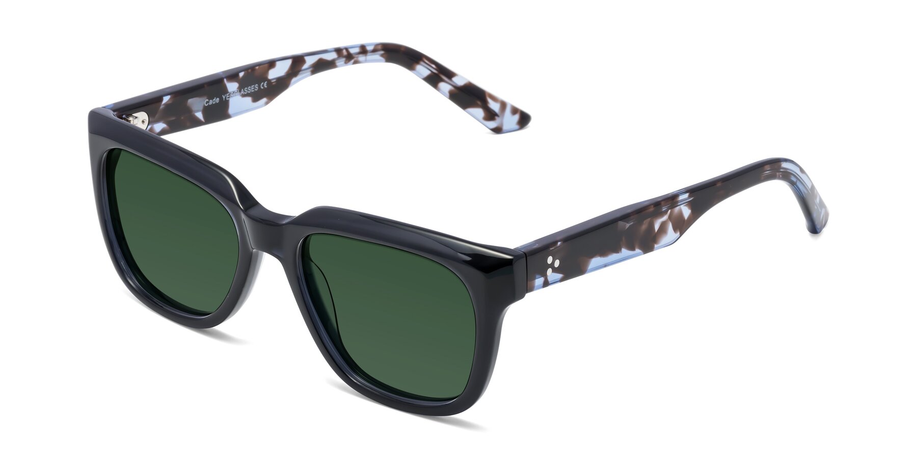 Angle of Cade in Dark Blue-Tortoise with Green Tinted Lenses