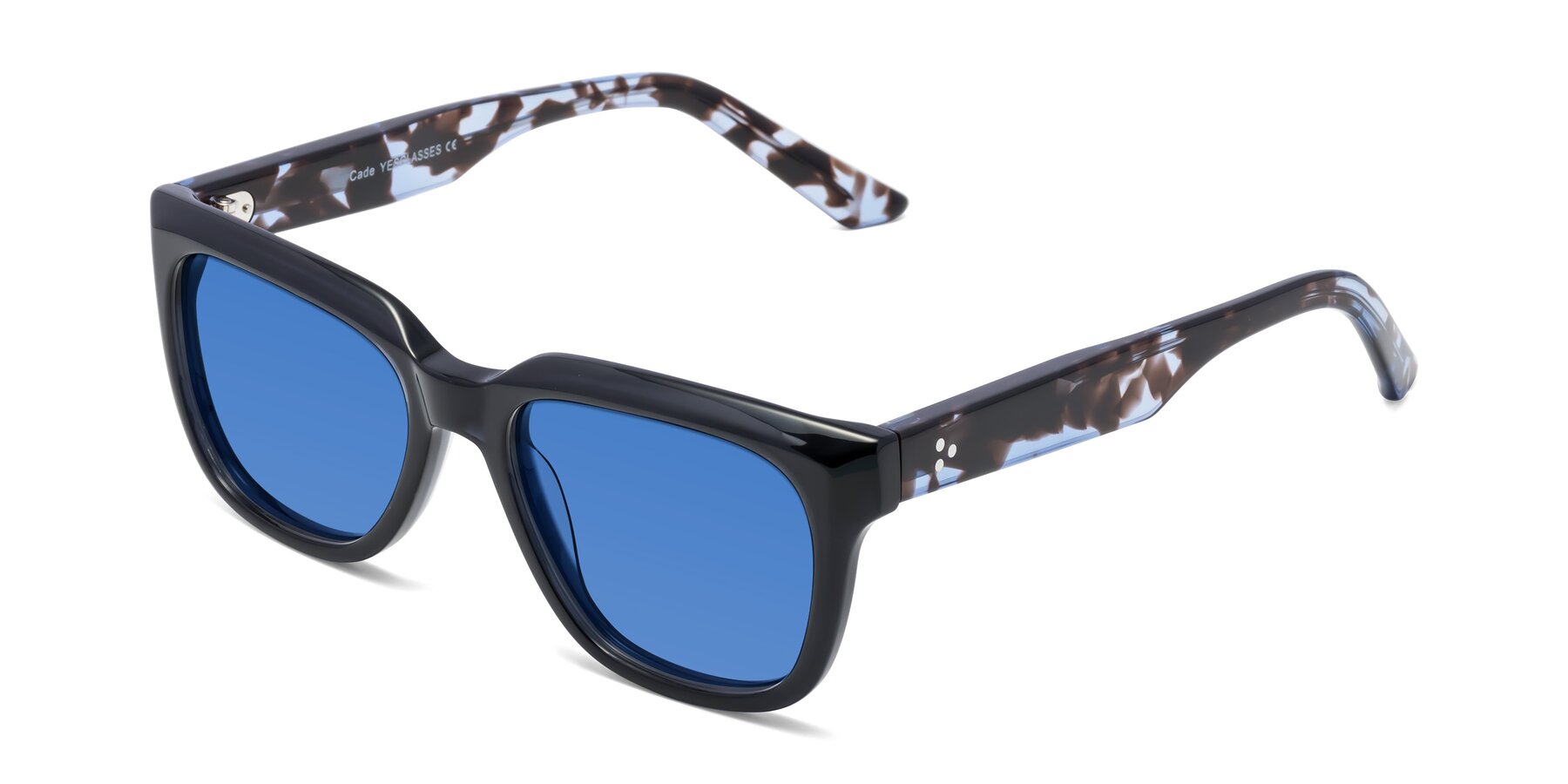 Angle of Cade in Dark Blue-Tortoise with Blue Tinted Lenses