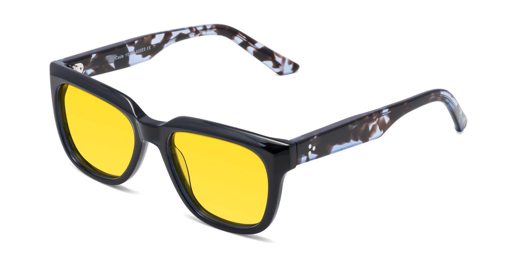 Angle of Cade in Dark Blue-Tortoise with Yellow Tinted Lenses