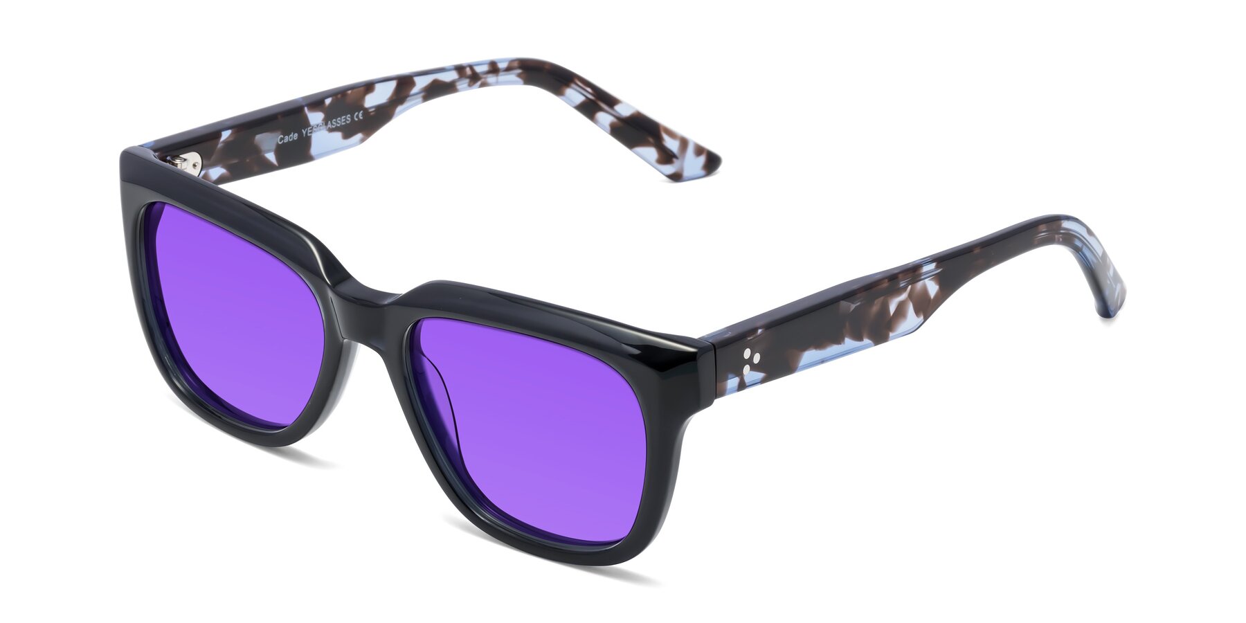 Angle of Cade in Dark Blue-Tortoise with Purple Tinted Lenses