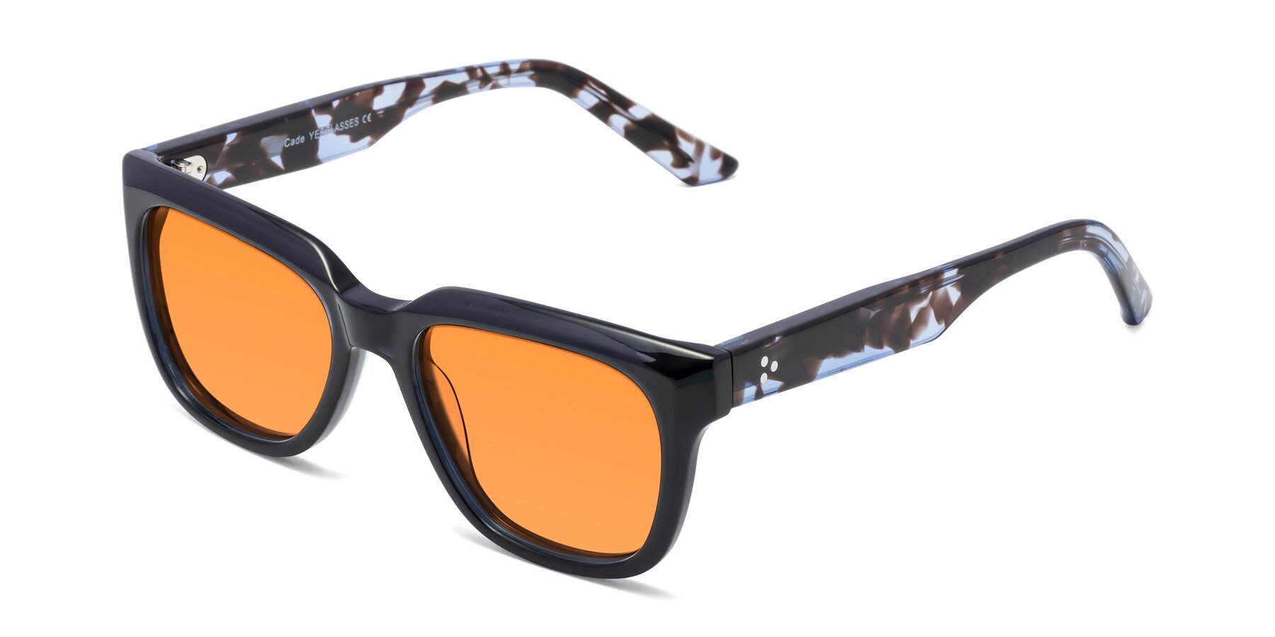 Angle of Cade in Dark Blue-Tortoise with Orange Tinted Lenses