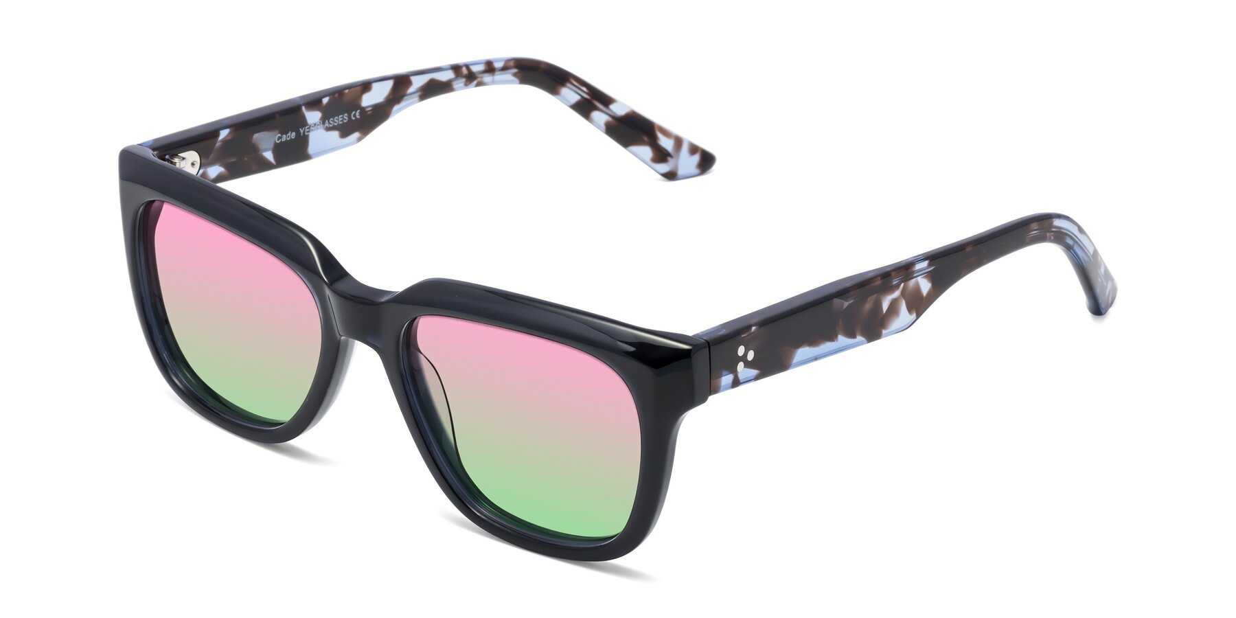 Angle of Cade in Dark Blue-Tortoise with Pink / Green Gradient Lenses