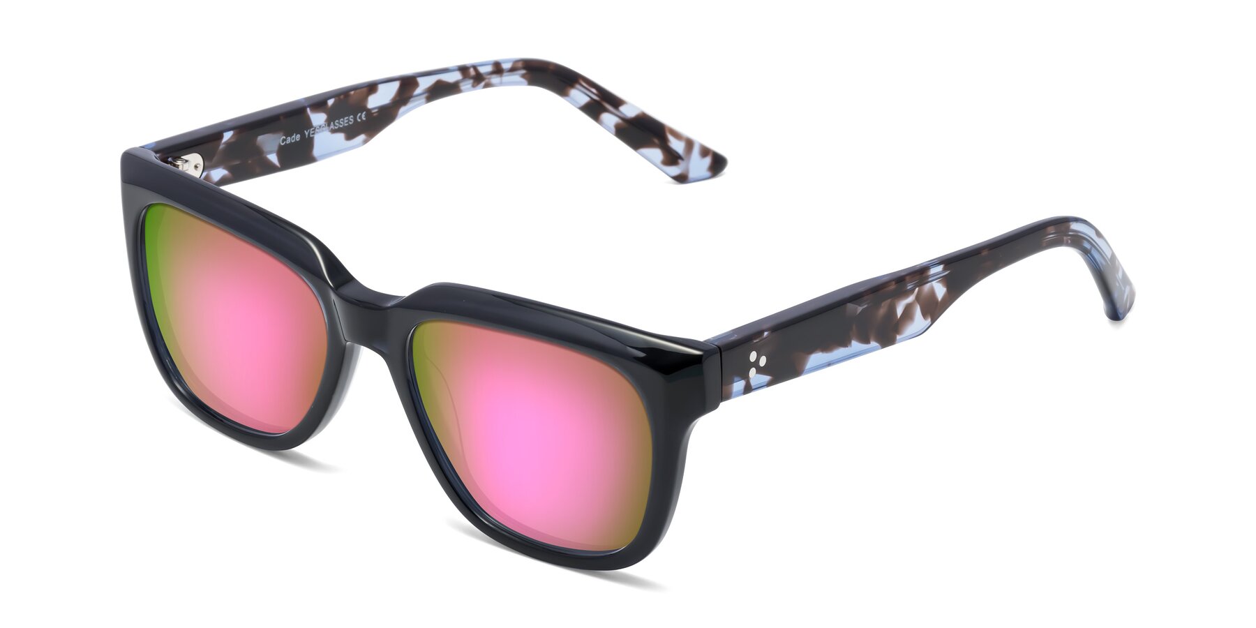 Angle of Cade in Dark Blue-Tortoise with Pink Mirrored Lenses