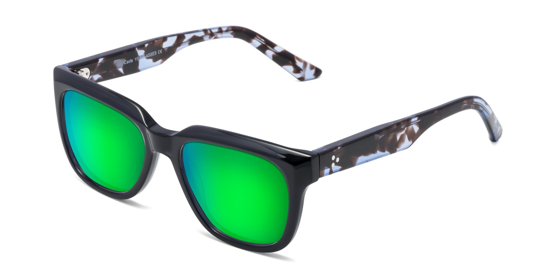Angle of Cade in Dark Blue-Tortoise with Green Mirrored Lenses