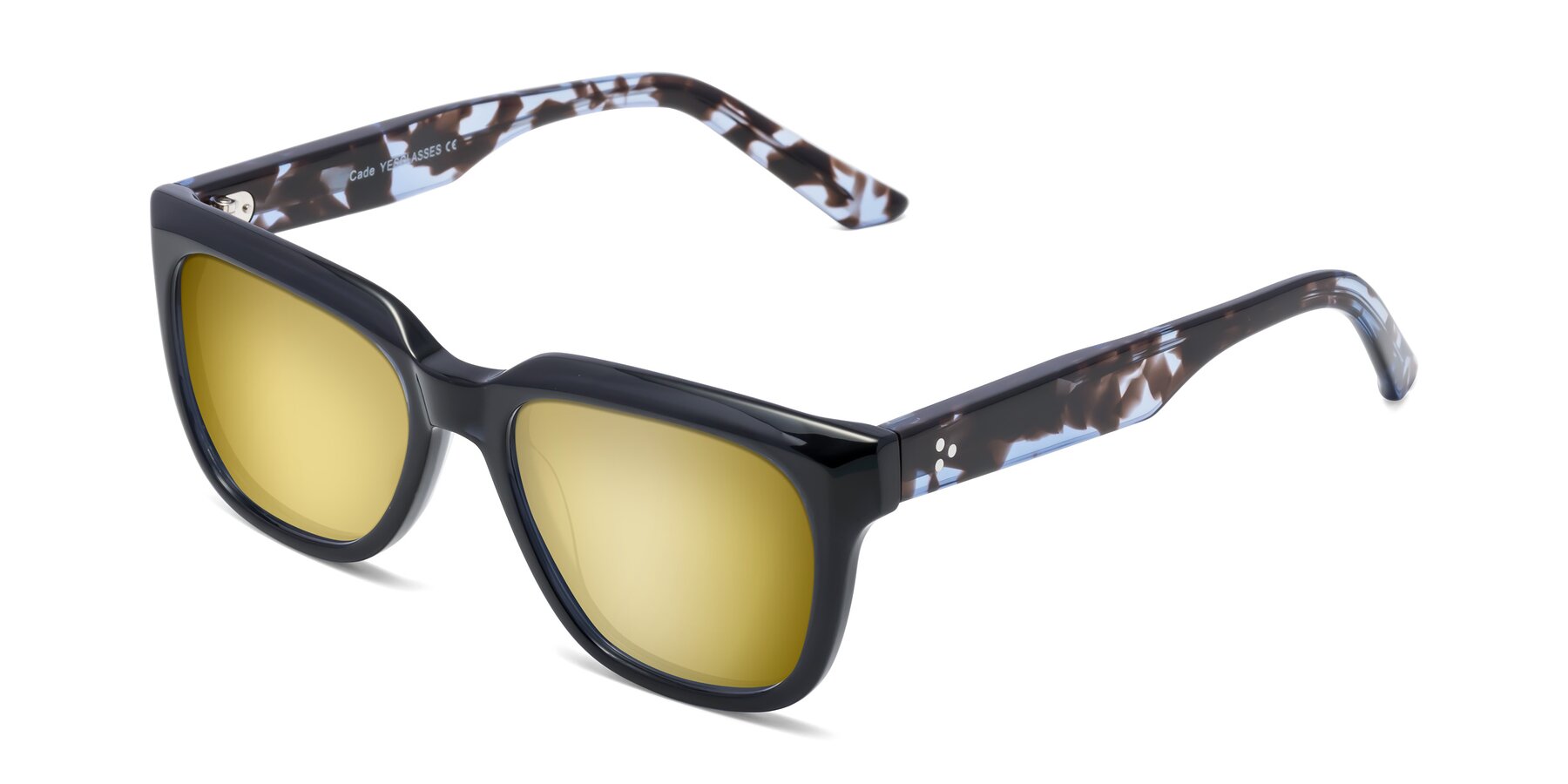 Angle of Cade in Dark Blue-Tortoise with Gold Mirrored Lenses
