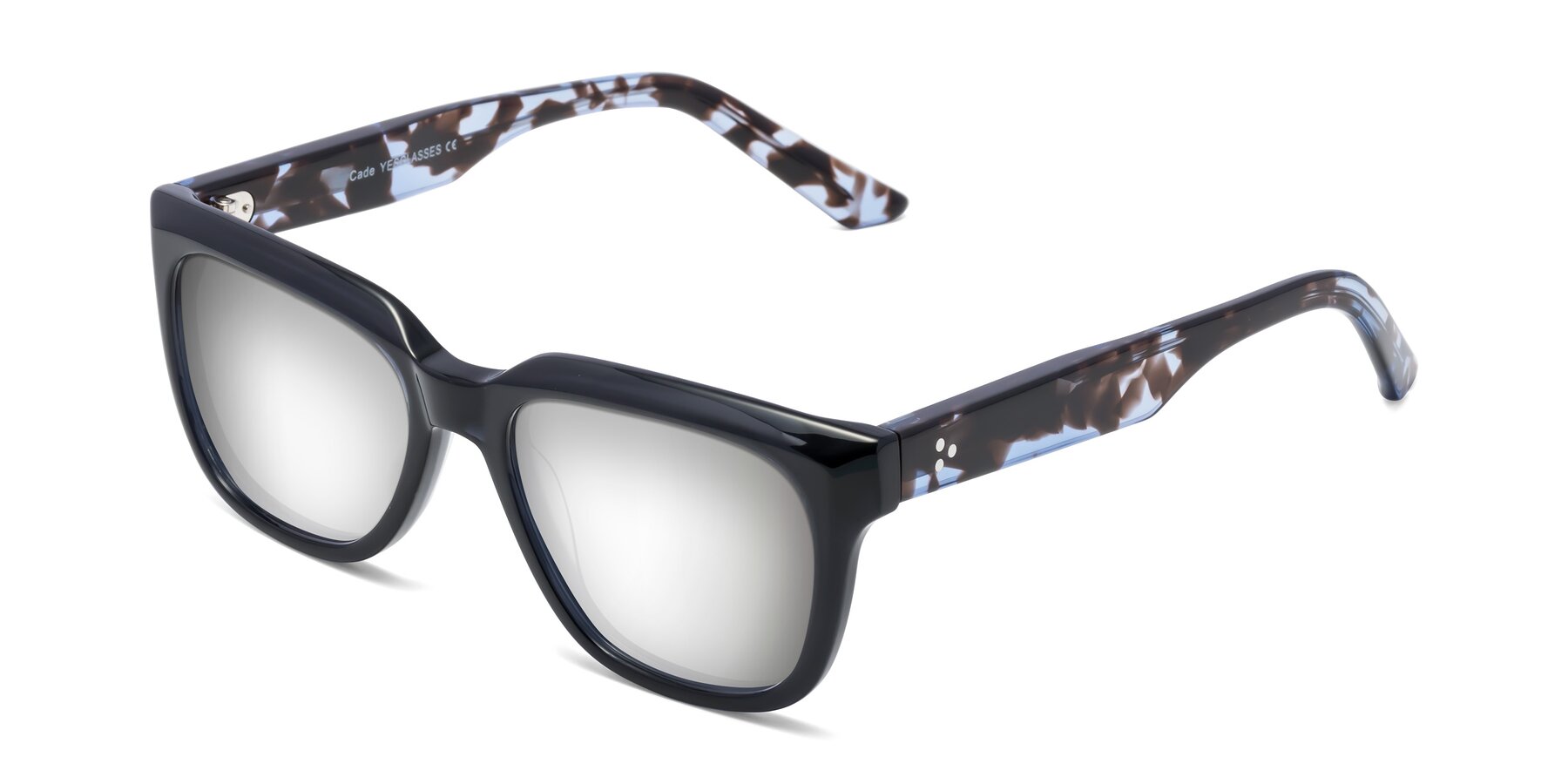 Angle of Cade in Dark Blue-Tortoise with Silver Mirrored Lenses