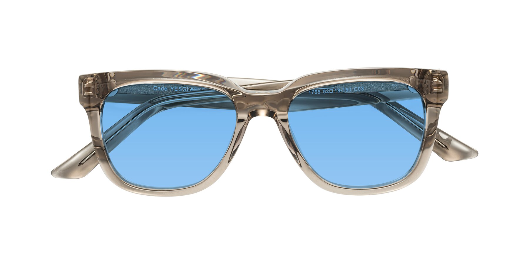 Folded Front of Cade in Champagne with Medium Blue Tinted Lenses