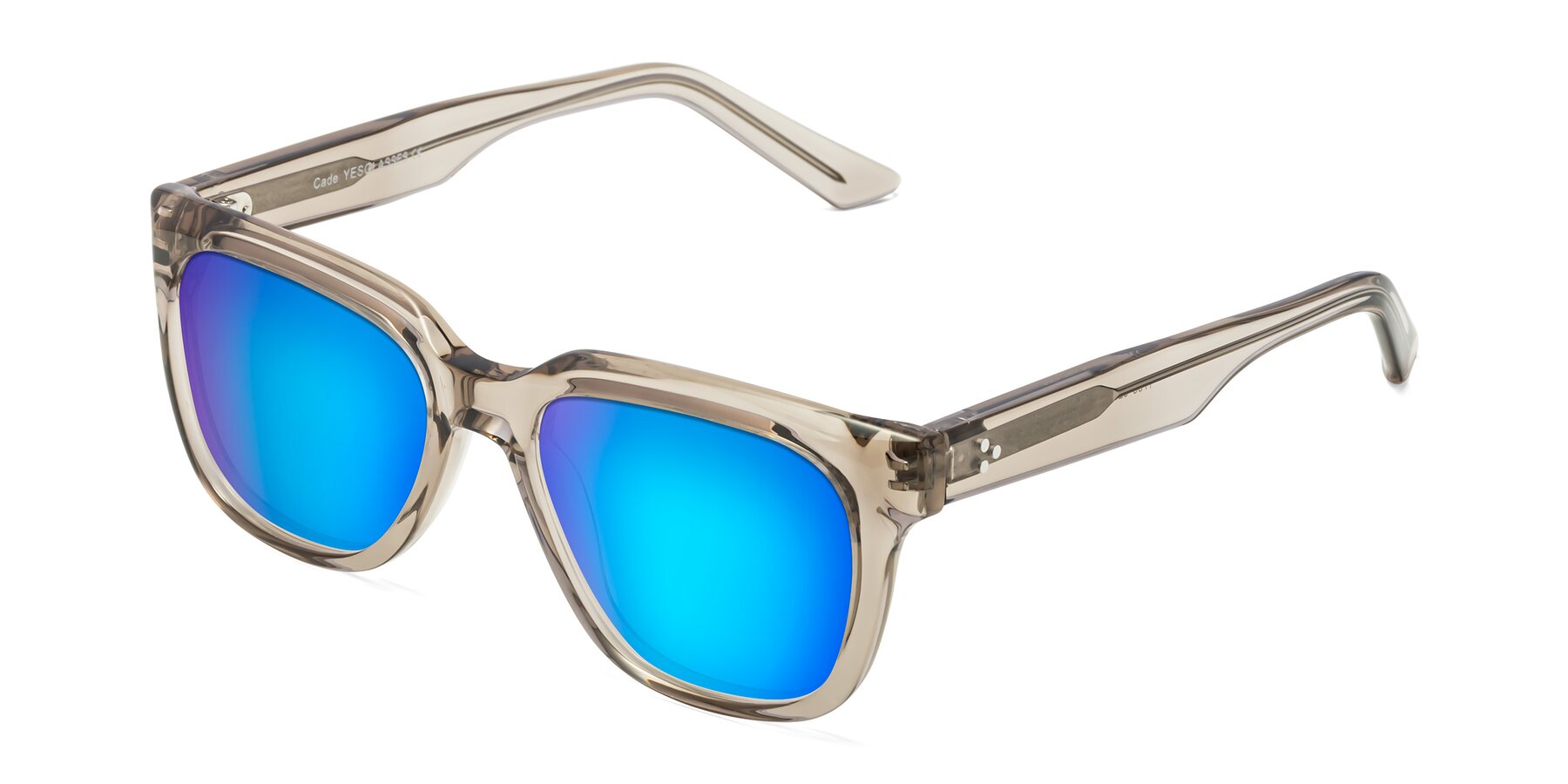 Angle of Cade in Champagne with Blue Mirrored Lenses