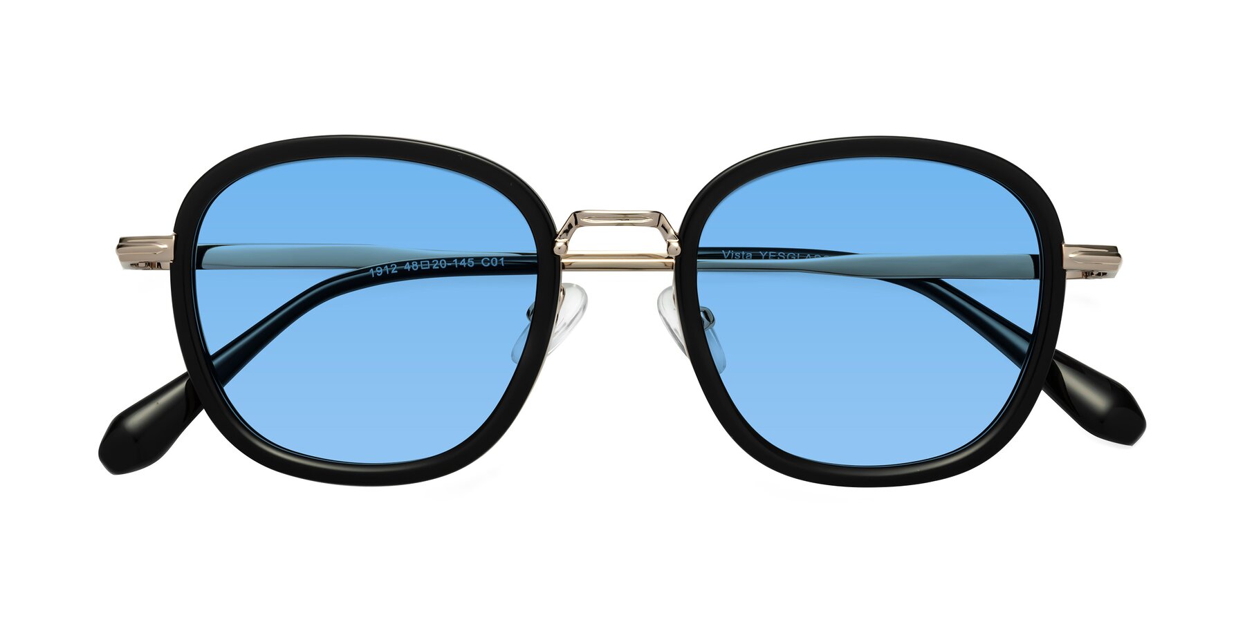 Folded Front of Vista in Black-Light Gold with Medium Blue Tinted Lenses