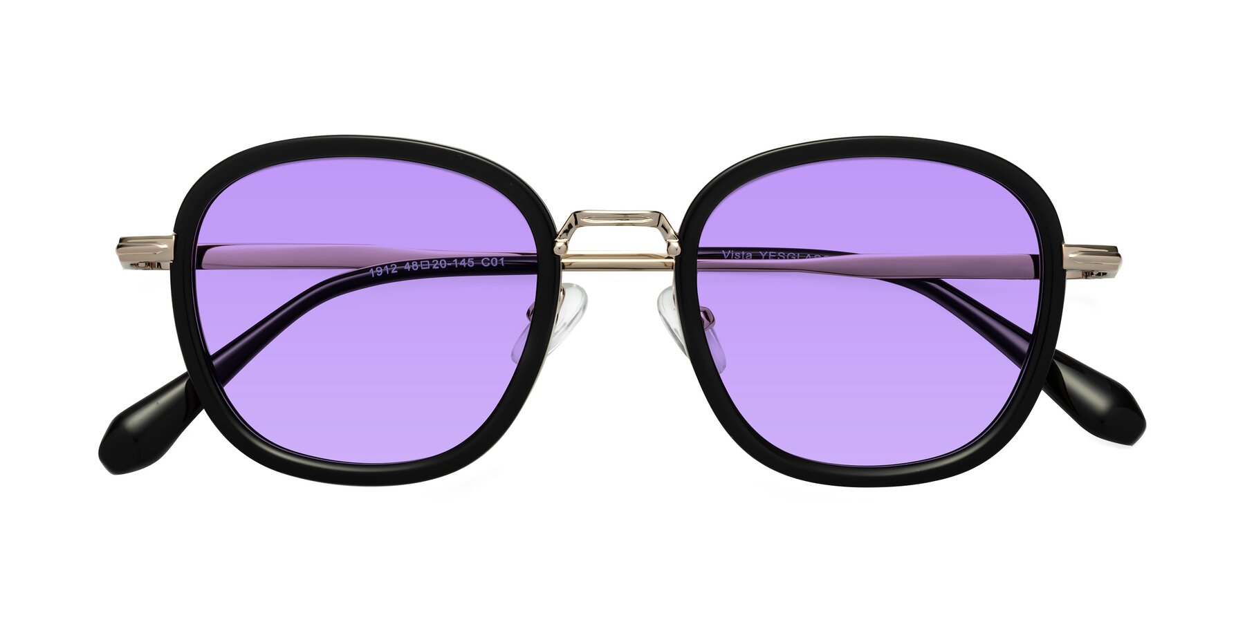 Folded Front of Vista in Black-Light Gold with Medium Purple Tinted Lenses