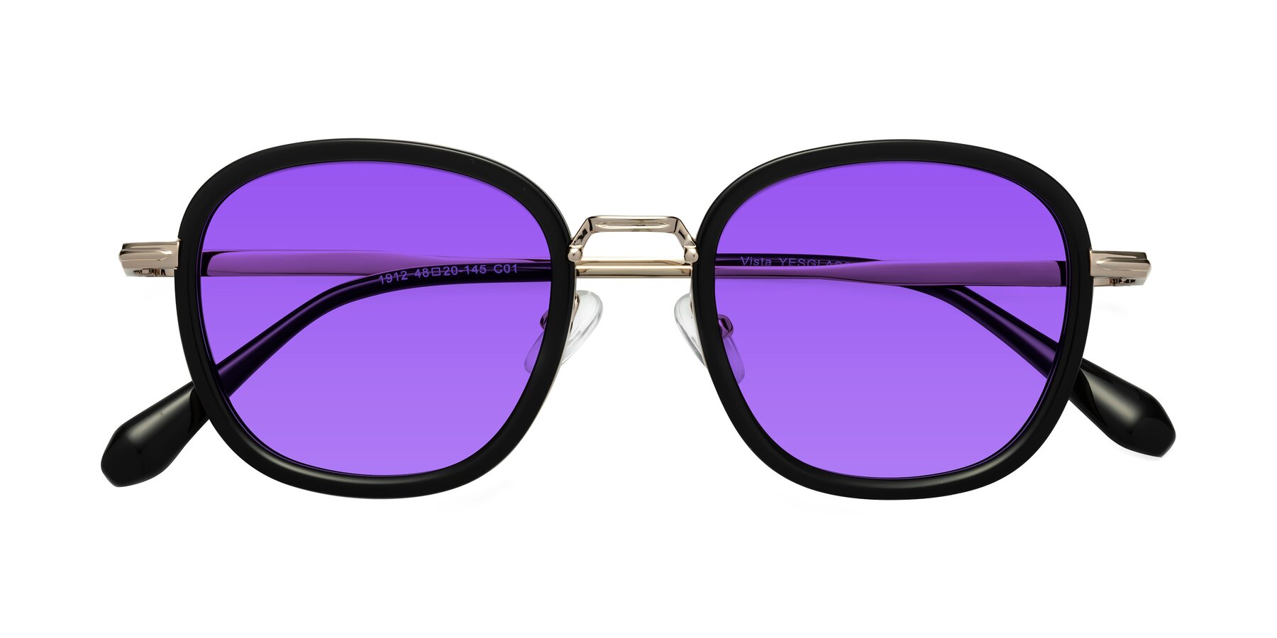 Folded Front of Vista in Black-Light Gold with Purple Tinted Lenses