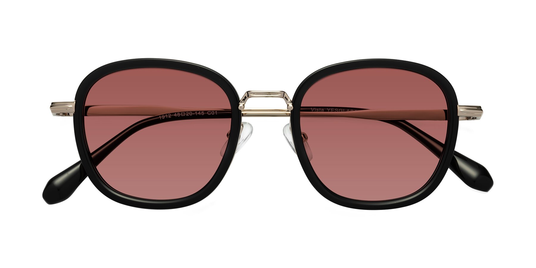 Folded Front of Vista in Black-Light Gold with Garnet Tinted Lenses