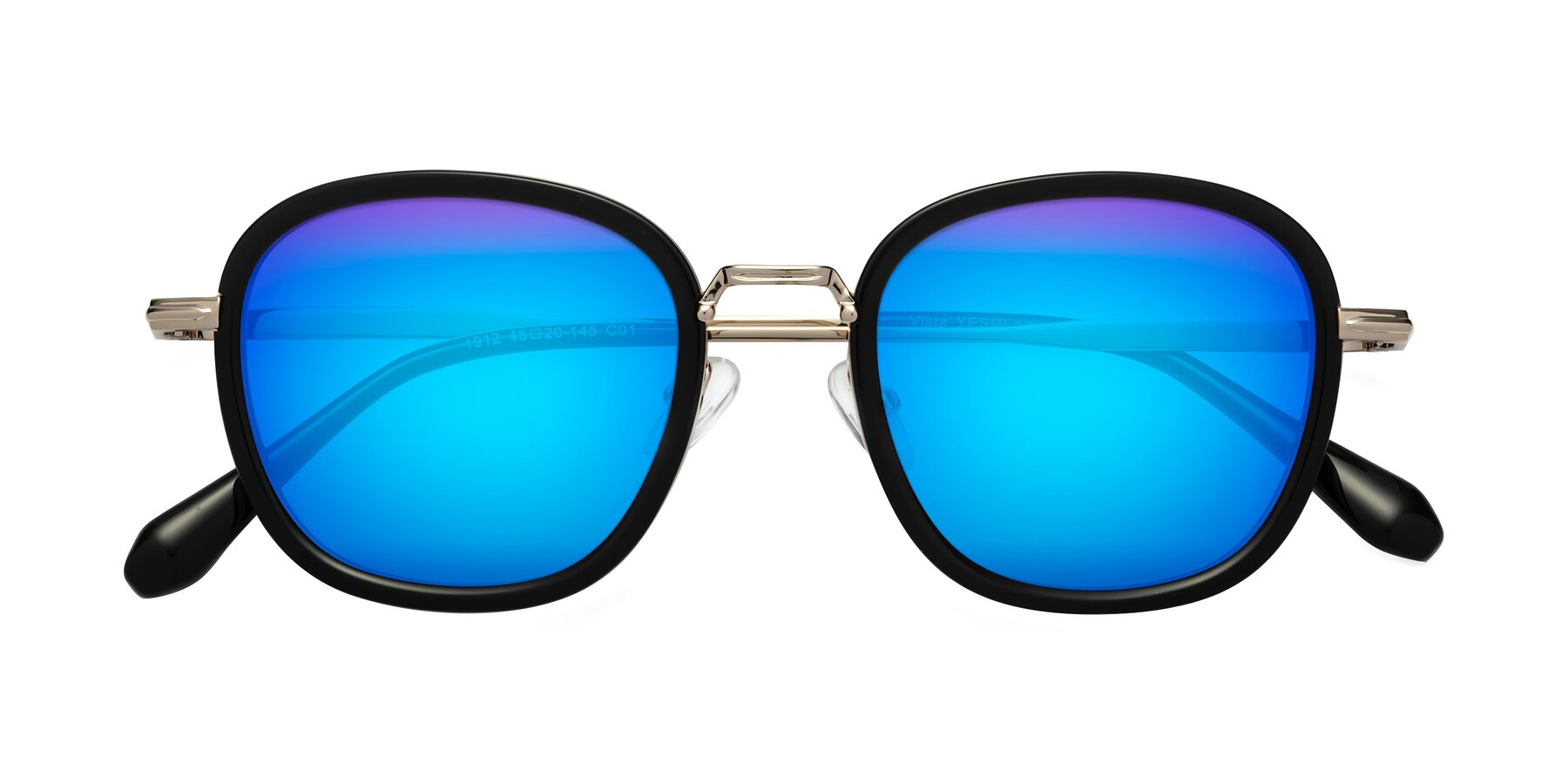 Folded Front of Vista in Black-Light Gold with Blue Mirrored Lenses